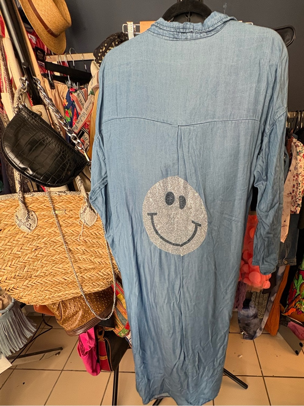 Italian Denim Button-Down Shirt Dress with Silver Smiley. One Size.